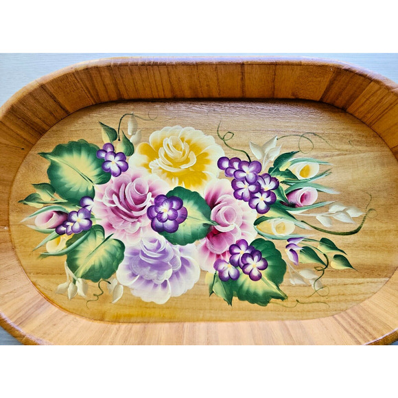 TRAY-WOODEN-HAND PAINTED-Floral-Lightweight-Artist-Bright Colors-18 in X 10 in - Picture 4 of 12